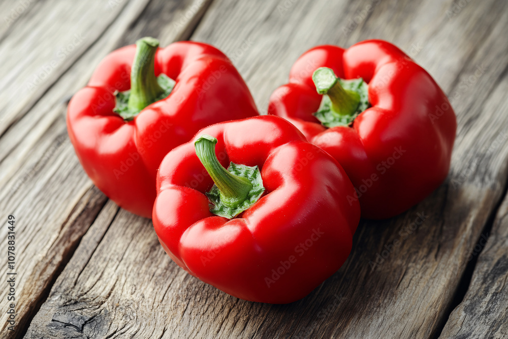 close up of three red peppers on wooden table close up of three red peppers on wooden table