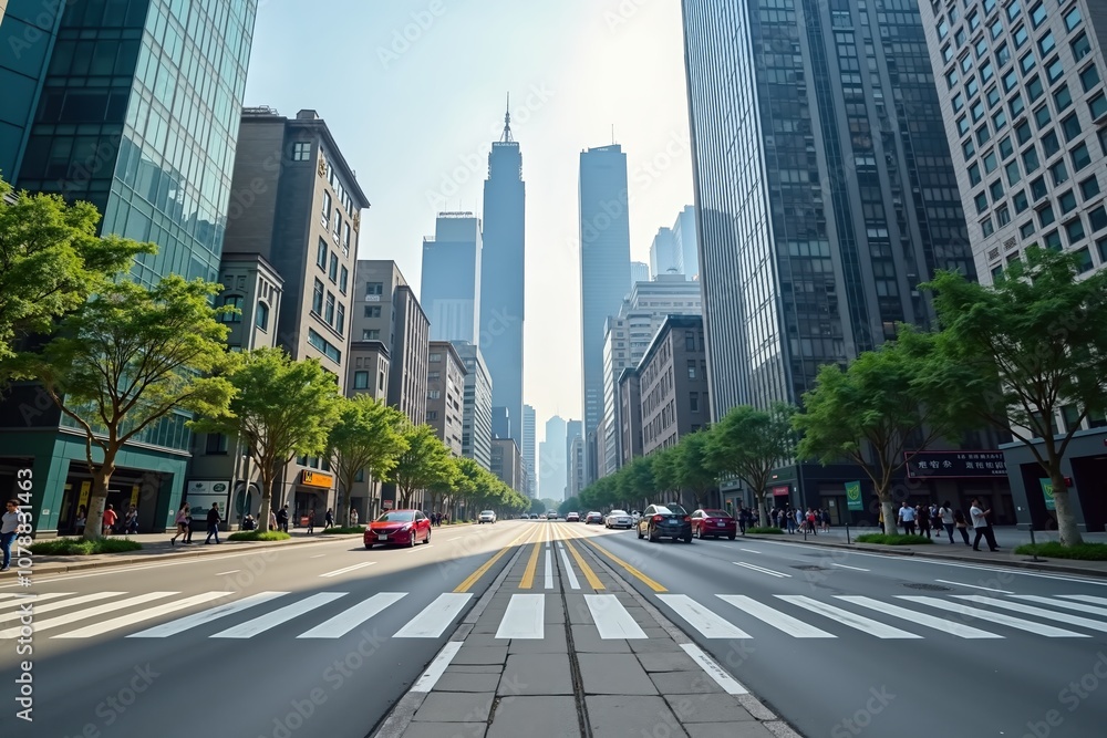 Fototapeta premium Urban cityscape with skyscrapers and busy pedestrian street in daylight.