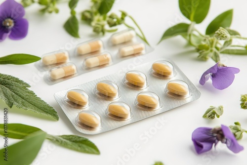 Assorted pharmaceutical medicine pills, tablets and capsules on a wooden spoon. Organic medical pills with herbal plant on a white background. Ethnoscience concept. View from above.
 photo