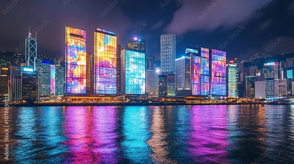 Fototapeta premium Vibrant cityscape with illuminated skyscrapers reflecting in the water at night.