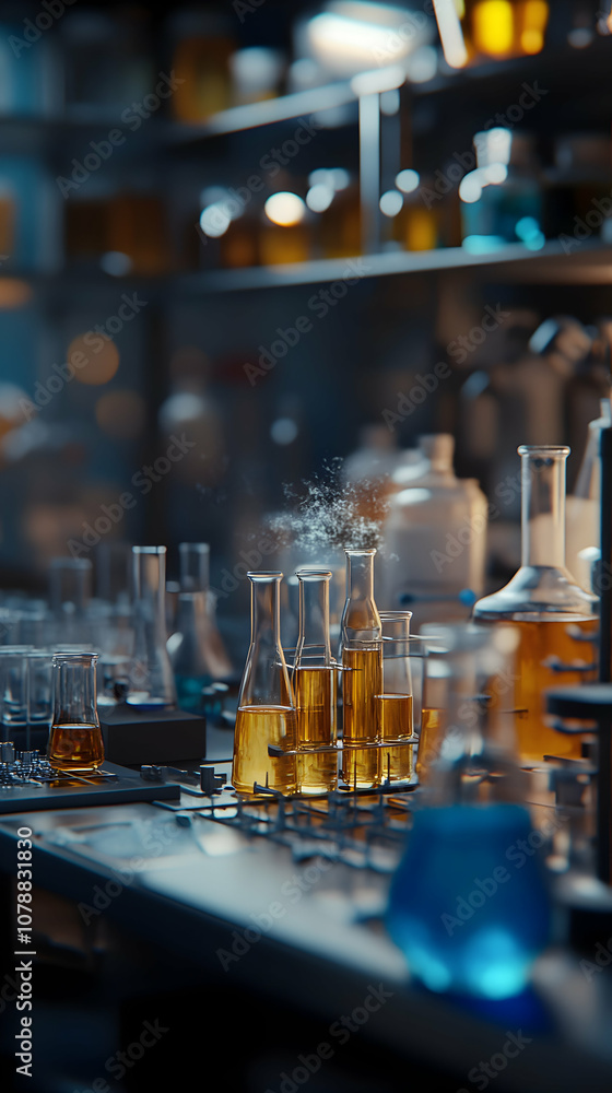 Close-up of Test Tubes Filled with a Golden Liquid in a Laboratory Setting with a Blurred Background of Additional Glassware. Close-up of Test Tubes Filled with a Golden Liquid in a Laboratory Setting with a Blurred Background of Additional Glassware.