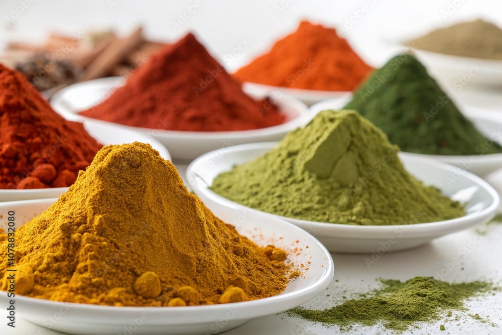 Vibrant Display of Colored Food Powders on a White Isolated Background for Culinary and Cooking Themes Vibrant Display of Colored Food Powders on a White Isolated Background for Culinary and Cooking Themes