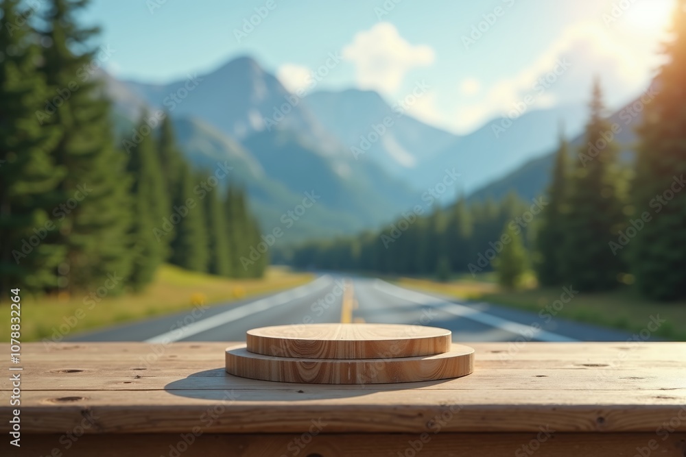 Rustic wooden display stand on scenic mountain highway background with pine trees and sunshine. Rustic wooden display stand on scenic mountain highway background with pine trees and sunshine.