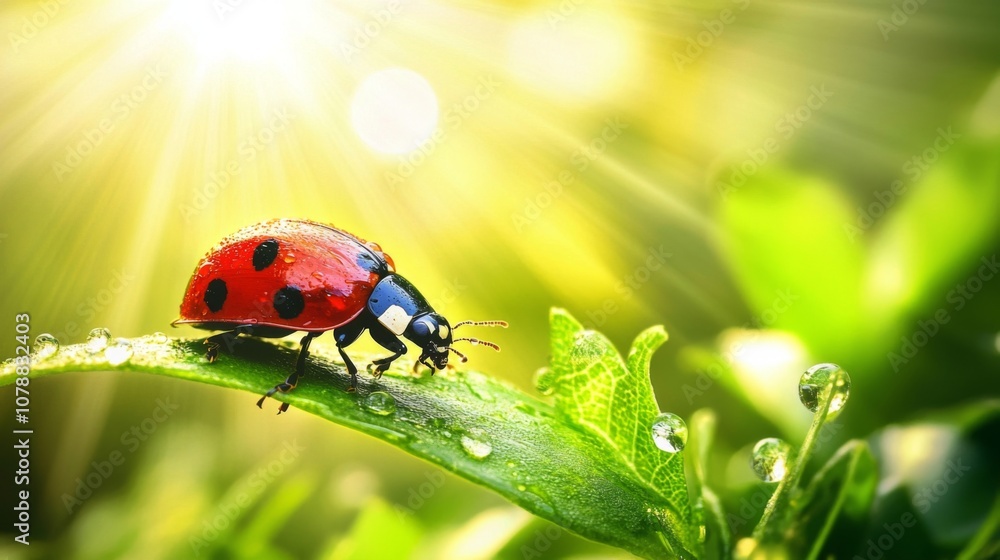 Naklejka premium Ladybug on a Green Leaf with Dew Drops - Macro Photography