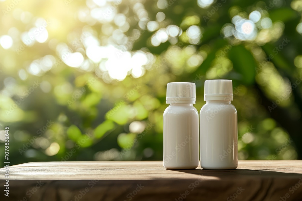 Two white bottles of medicine on a wooden table, with a green nature background Two white bottles of medicine on a wooden table, with a green nature background
