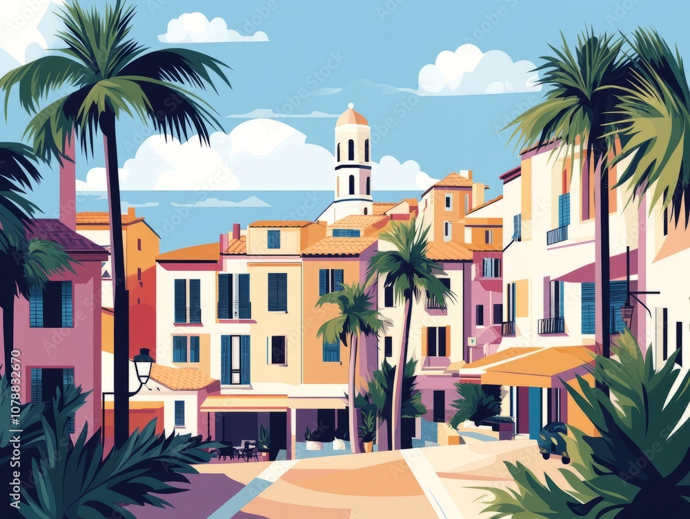 Charming seaside town with colorful buildings. Charming seaside town with colorful buildings.