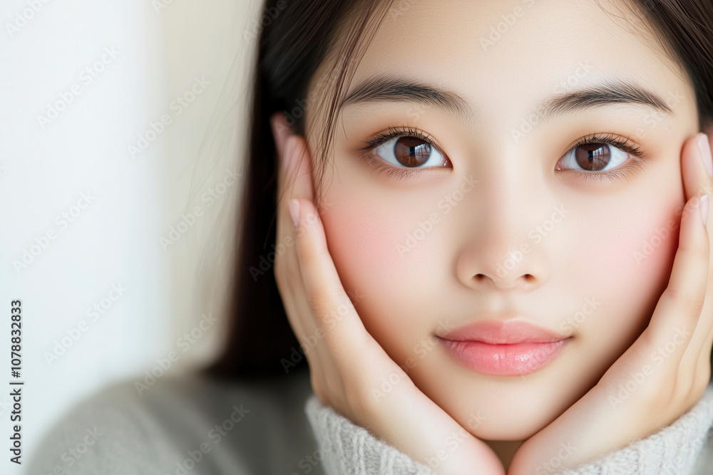 繊細な手で顔に触れ、自然な美しさと柔らかさを表現した若いアジア人女性。若々しい肌と女性らしさを強調したクローズアップのポートレート。柔らかな表情、美しさのコンセプト 繊細な手で顔に触れ、自然な美しさと柔らかさを表現した若いアジア人女性。若々しい肌と女性らしさを強調したクローズアップのポートレート。柔らかな表情、美しさのコンセプト