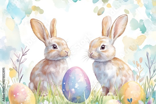 Wallpaper Mural Two cute bunnies looking at each other near Easter eggs. Torontodigital.ca