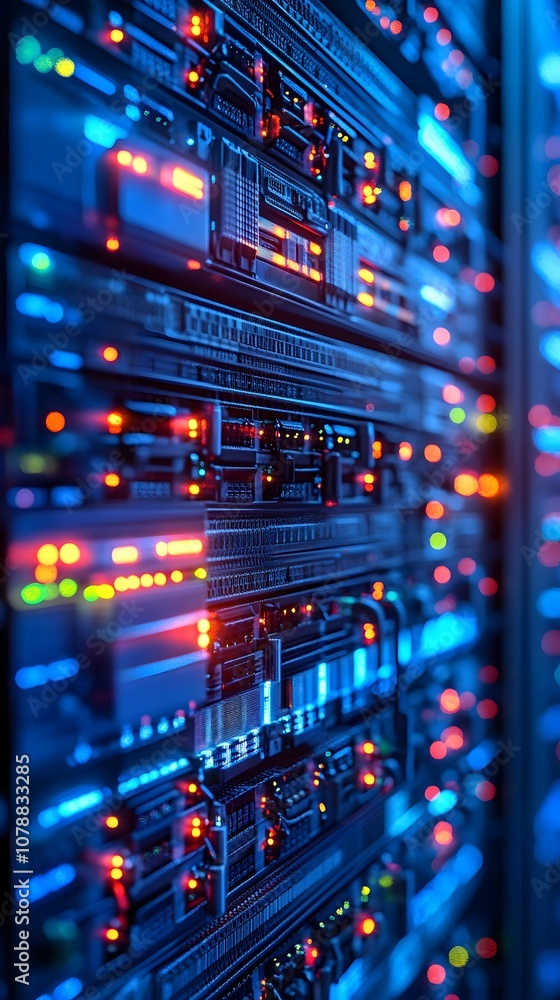 A close-up view of illuminated server racks in a data center, showcasing technology infrastructure. A close-up view of illuminated server racks in a data center, showcasing technology infrastructure.
