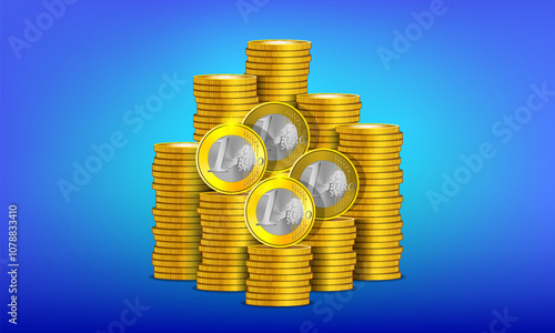 Vector set of 3d gold silver tokens. Stacks of metal coins, denomination of one European euro. Big piles of money. Gold coinage. Europe.