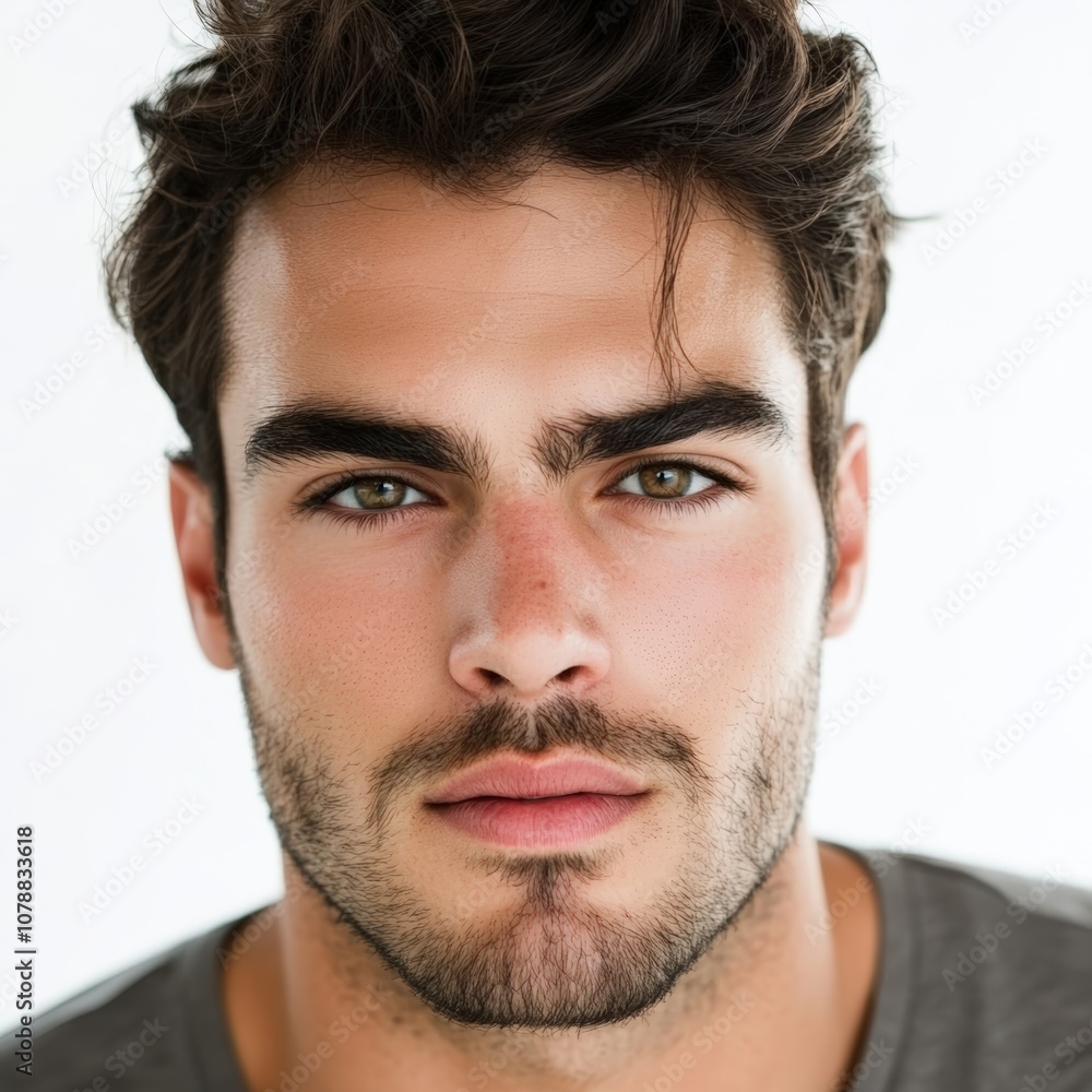 Obraz premium Portrait of a handsome young man with intense gaze on white background