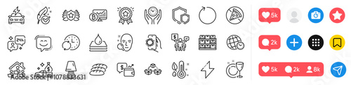 Car charging, Shields and Loyalty award line icons pack. Social media icons. Work home, Hypoallergenic tested, Table lamp web icon. Bread, Time zone, Face search pictogram. Vector