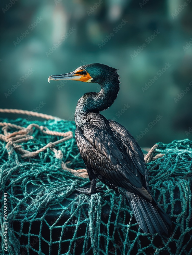 Fototapeta premium A black cormorant with a yellow beak perches on a green fishing net.