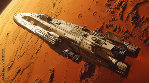 Space ship orbiting the planet Mars. Space exploration and colonization of the red planet 