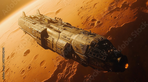 Space ship orbiting the planet Mars for research. Space exploration and colonization of the red planet 