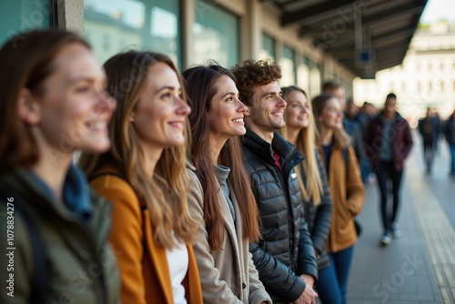 Diverse group of young adults smiling outdoors in urban setting.