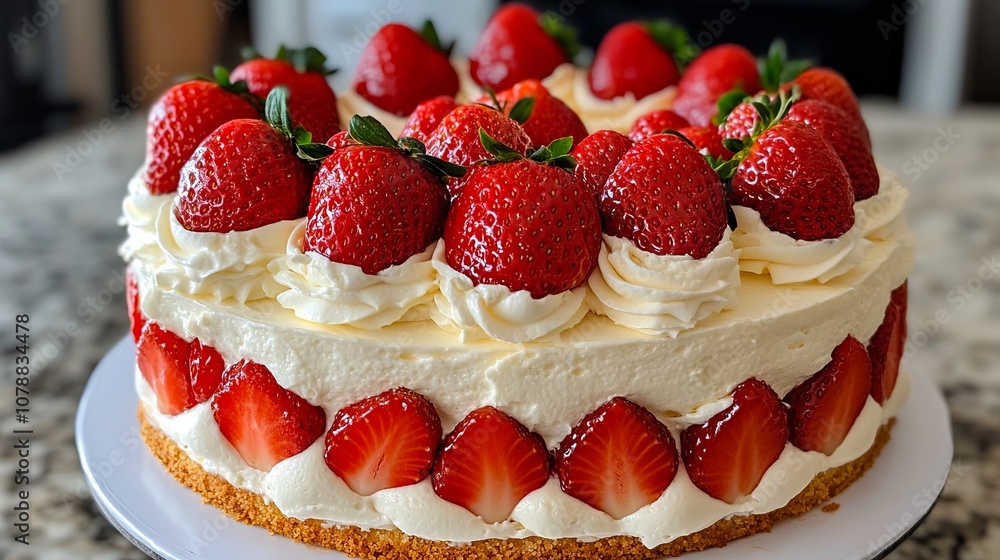 A cake with strawberries on top of it on a white plate A cake with strawberries on top of it on a white plate