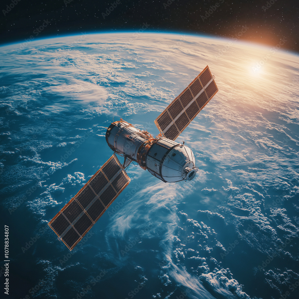 Fototapeta premium Space satellite orbiting the planet Earth for research. Space exploration