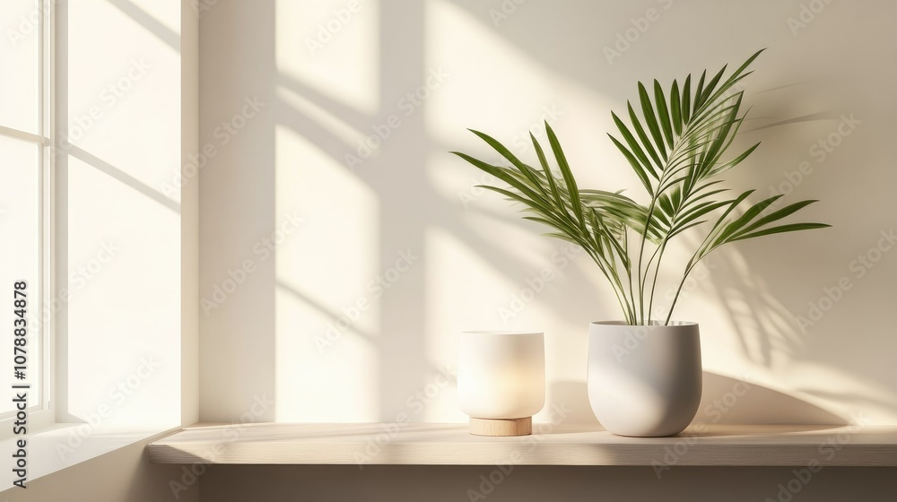 Modern white ceramic-based lamp on a shelf, minimalist style with window light illuminating the room Modern white ceramic-based lamp on a shelf, minimalist style with window light illuminating the room