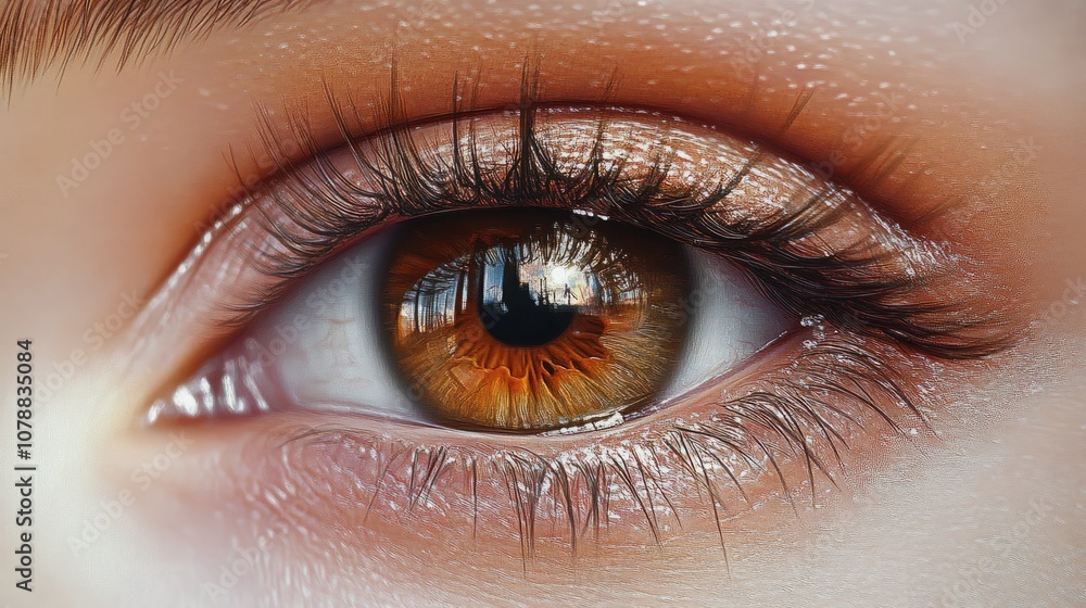 Obraz premium Close-up of a woman's eye with long lashes.