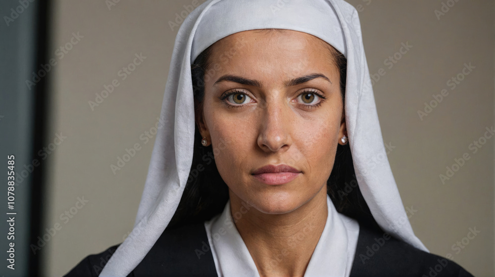 A woman wearing a white head covering looks directly at the camera A woman wearing a white head covering looks directly at the camera