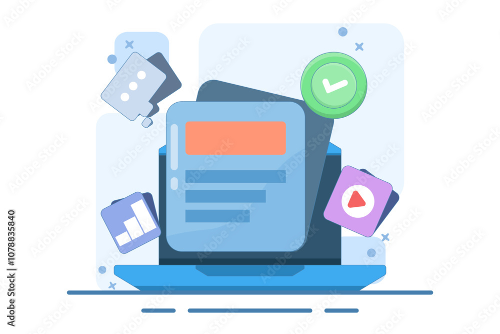 Media data management with video and graphics for business. Management software. Media data. Search files and videos in database. Flat vector illustration. Media data management with video and graphics for business. Management software. Media data. Search files and videos in database. Flat vector illustration.