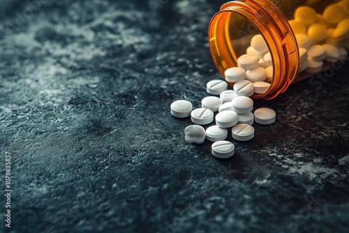 White medical pills or tablets with bottle on black background. Macro side view with copy space.
