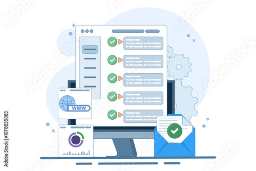 Web UI Interface. Data analysis, SEO Optimization dashboard and business financial report. PC or website SEO investment screen. Technology Analysis KPI Data Dashboard. Flat Vector Illustration.
