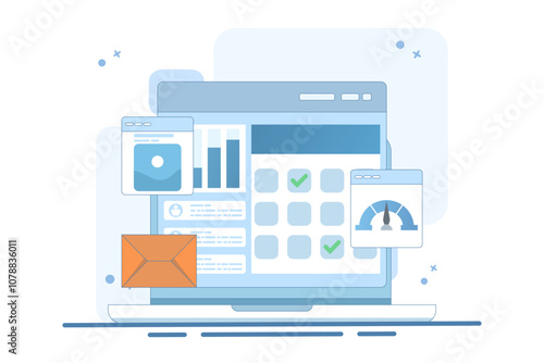 Concept of project management software that handles multiple business tasks, Company manages projects with project management system, Flat design vector illustration with icons.