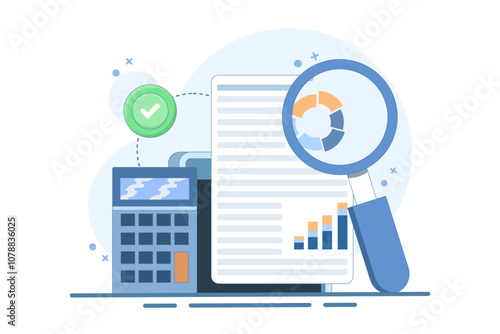 Performance data analysis concept, investment report, marketing study, audition service, Statistical and analytical concept, business performance report, marketing research service. flat vector.