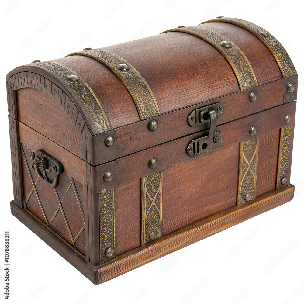 Antique Wooden Treasure Chest with Brass Accents and Locking Mechanism, transparent background PNG Antique Wooden Treasure Chest with Brass Accents and Locking Mechanism, transparent background PNG