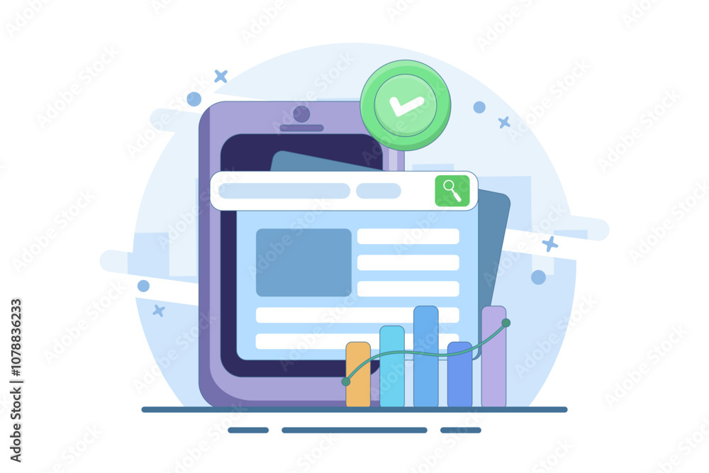 Media search data with stock charts for business. Media data management and charts for business. Management software. Media data. Flat vector illustration on background. Media search data with stock charts for business. Media data management and charts for business. Management software. Media data. Flat vector illustration on background.