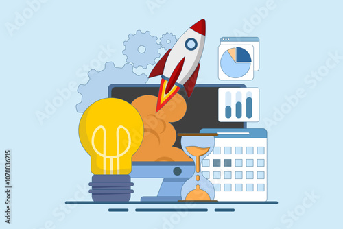 Startup business project concept, Startup business project, financial planning, idea, strategy, management, realization and success. Rocket launch from monitor. Flat vector illustration on background.