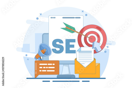 SEO Search Engine Optimization Concept. Conceptual SEO analysis and optimization, SEO strategy and marketing vector illustration for website. Modern flat design template.