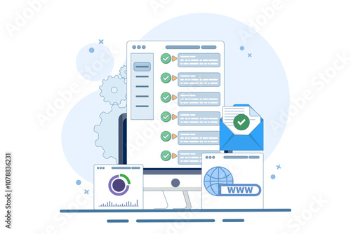Web UI Interface. Data analysis, SEO Optimization dashboard and business financial report. PC or website SEO investment screen. Technology Analysis KPI Data Dashboard. Flat Vector Illustration.