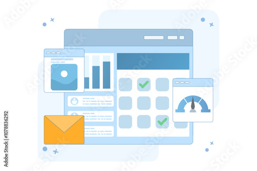Concept of project management software that handles multiple business tasks, Company manages projects with project management system, Flat design vector illustration with icons.