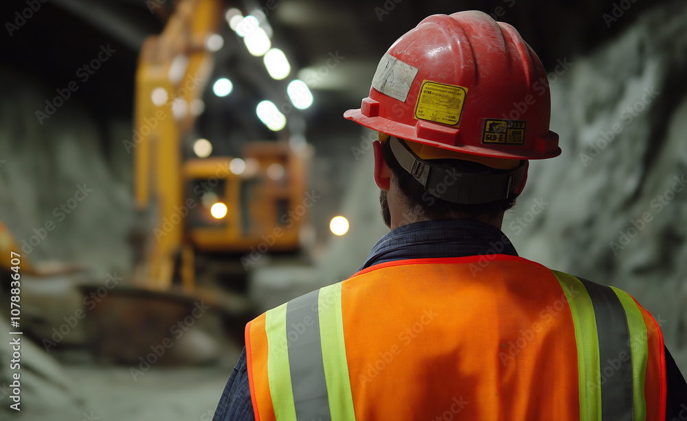 Construction worker in a high-visibility outfit and hard hat, standing in a dimly lit underground tunnel. Construction worker in a high-visibility outfit and hard hat, standing in a dimly lit underground tunnel.