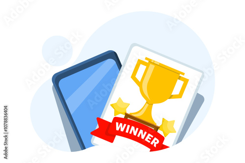 game contest concept or online winning competition. winner trophy on mobile phone, flat cartoon champion prize or achievement on mobile phone screen. Flat vector illustration on background.