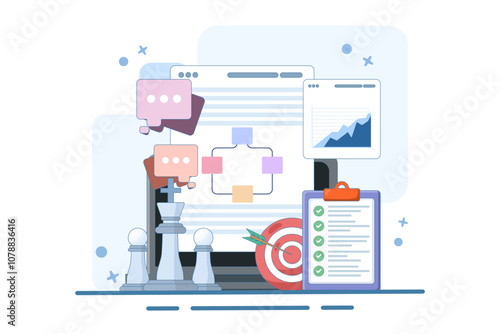 Strategic planning concept, goal setting, organizational alignment, strategic direction, strategic vision, actionable goals, goal achievement, flat vector illustration on background.