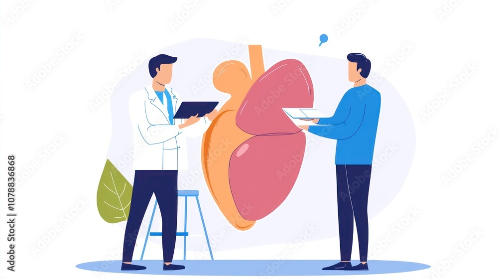 Illustration of a doctor consulting with a patient about heart health, using a giant, stylized heart model as a visual aid for explanation. Illustration of a doctor consulting with a patient about heart health, using a giant, stylized heart model as a visual aid for explanation.