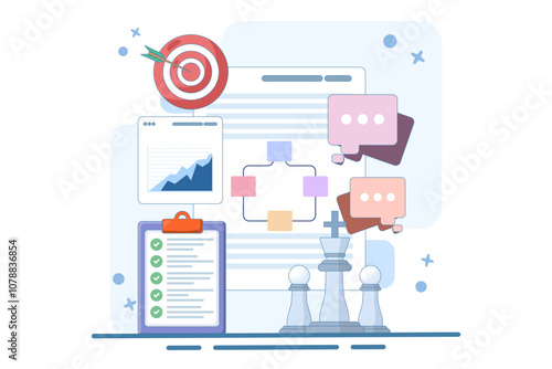 Strategic planning concept, goal setting, organizational alignment, strategic direction, strategic vision, actionable goals, goal achievement, flat vector illustration on background.
