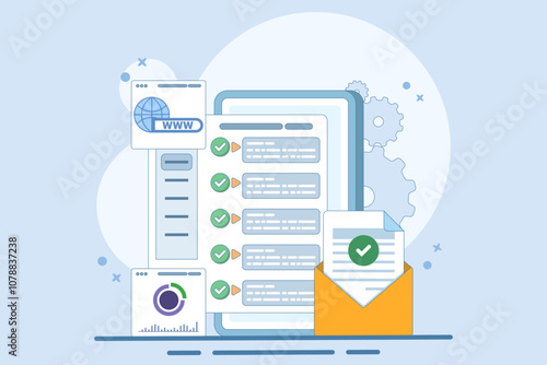 Web UI Interface. Data analysis, SEO Optimization dashboard and business financial report. PC or website SEO investment screen. Technology Analysis KPI Data Dashboard. Flat Vector Illustration.