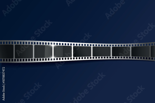 Movie film strip background. Shiny curved film strip, film tape on blue background. Vector illustration