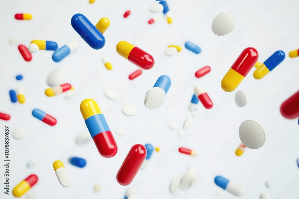 Close up of many different pills arranged in pattern on blue background.
Close up of many different pills arranged in pattern on blue background.