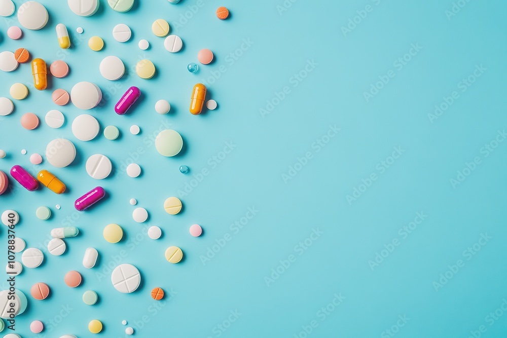 Close up of many different pills arranged in pattern on blue background.
Close up of many different pills arranged in pattern on blue background.