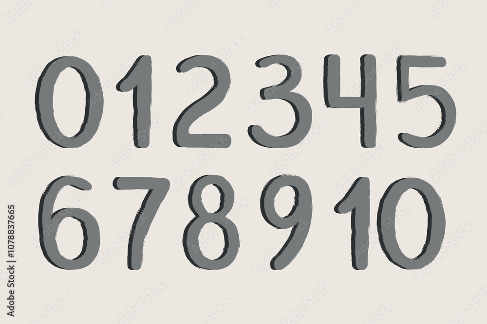 Digits numbers in hand drawn doodle style with shadow. Number 0 to 10. Vector illustration