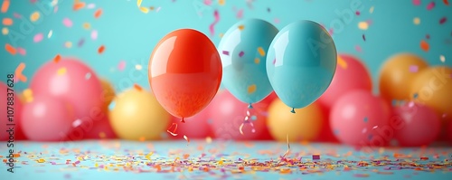 Two Balloons Floating Above Confetti and Balloons - Illustration photo