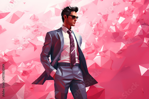Stylish Man in a Suit Stands Confidently Against a Vibrant Pink Geometric Background