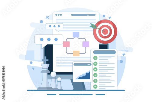 Strategic planning concept, goal setting, organizational alignment, strategic direction, strategic vision, actionable goals, goal achievement, flat vector illustration on background.