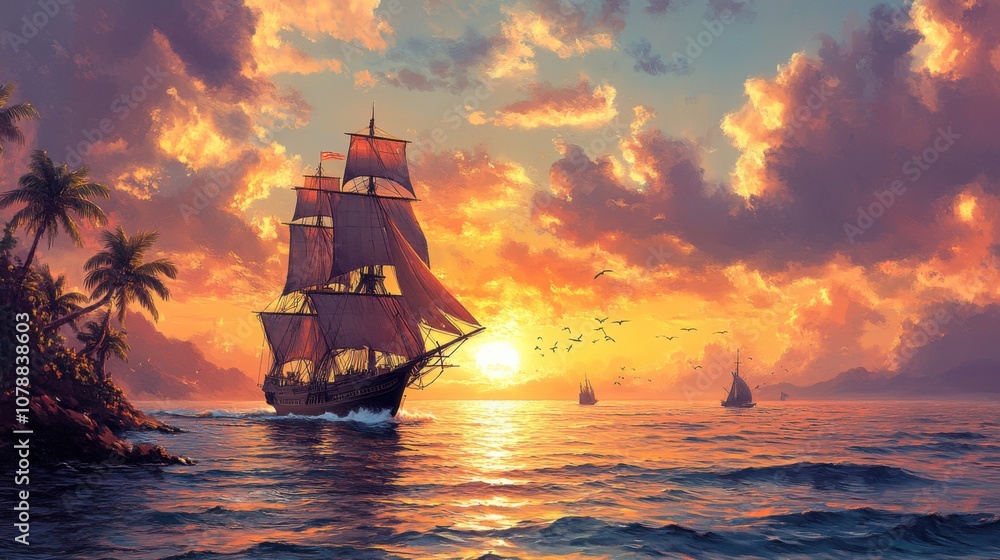 A majestic ship sailing at sunset with vibrant clouds and ocean waves. A majestic ship sailing at sunset with vibrant clouds and ocean waves.
